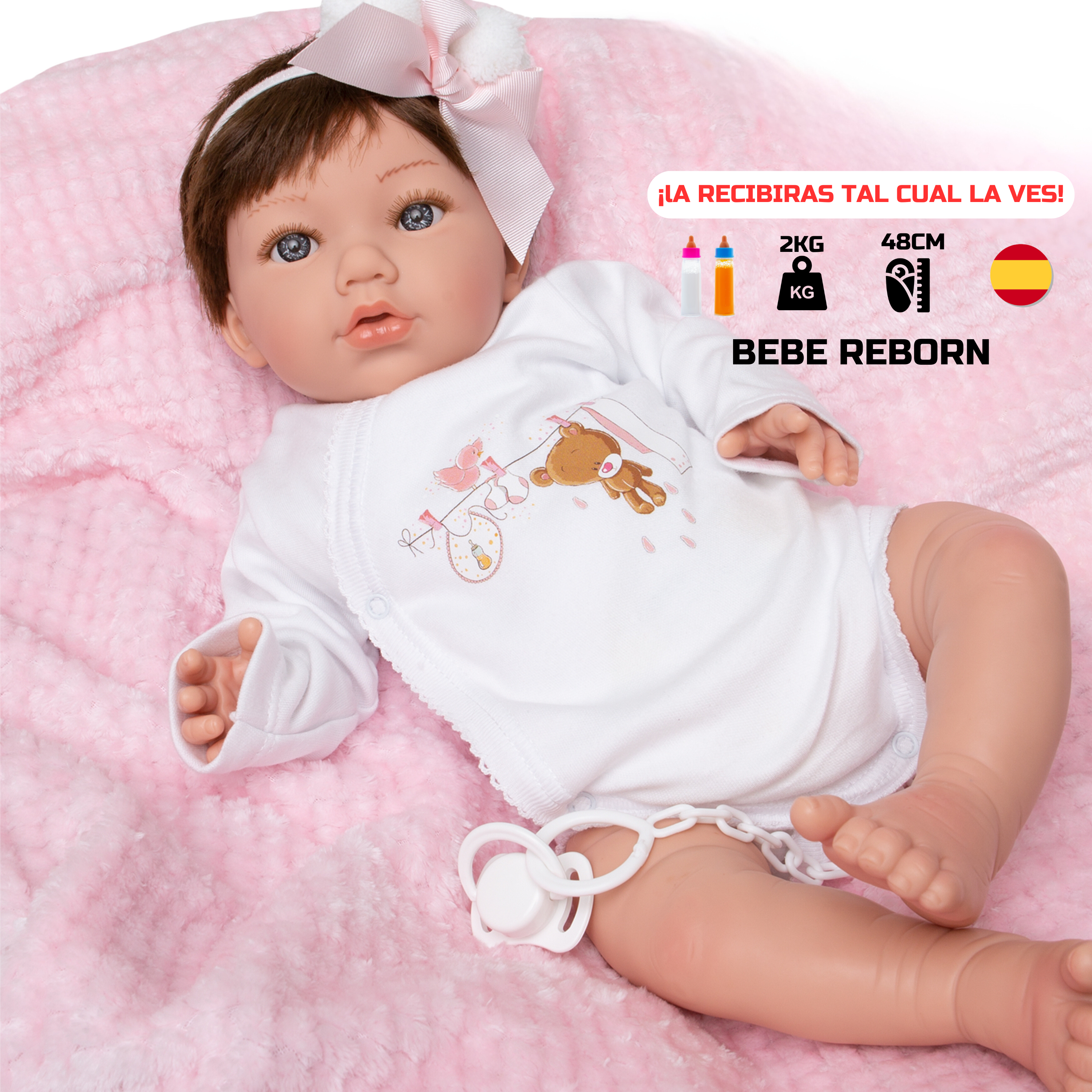 Bebe Reborn Reborn Doll Manuela - 48CM e 2KG - VINILE SILICONE, TESTA CADENTE CON CAPELLI